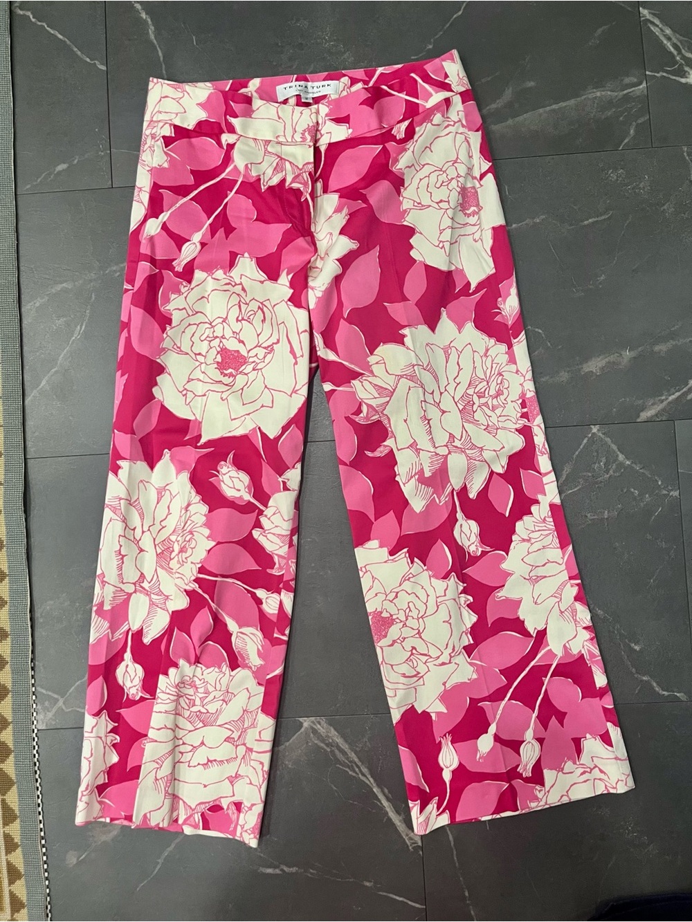 Trina Turk Pink and White Floral Wide-Leg Pants